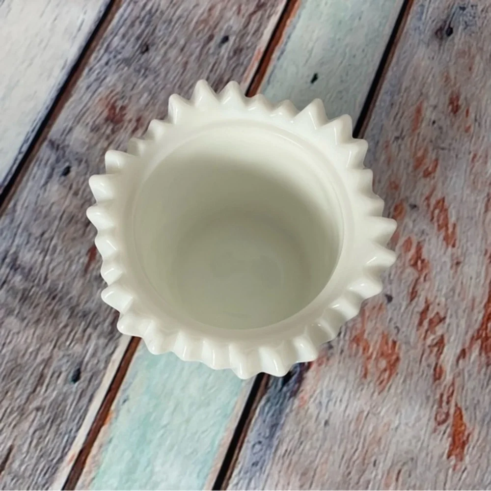 Vintage White Milk Glass Toothpick Holder Daisy and Button Sawtooth Rim 4in